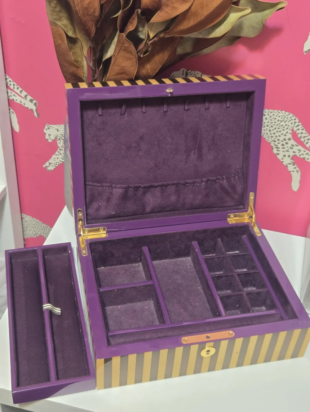 Vintage Henri Bendel Wood Brown Stripes Jewelry Organizer Storage Box